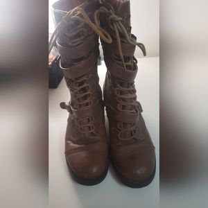 Brown lace up mid calf heel boot